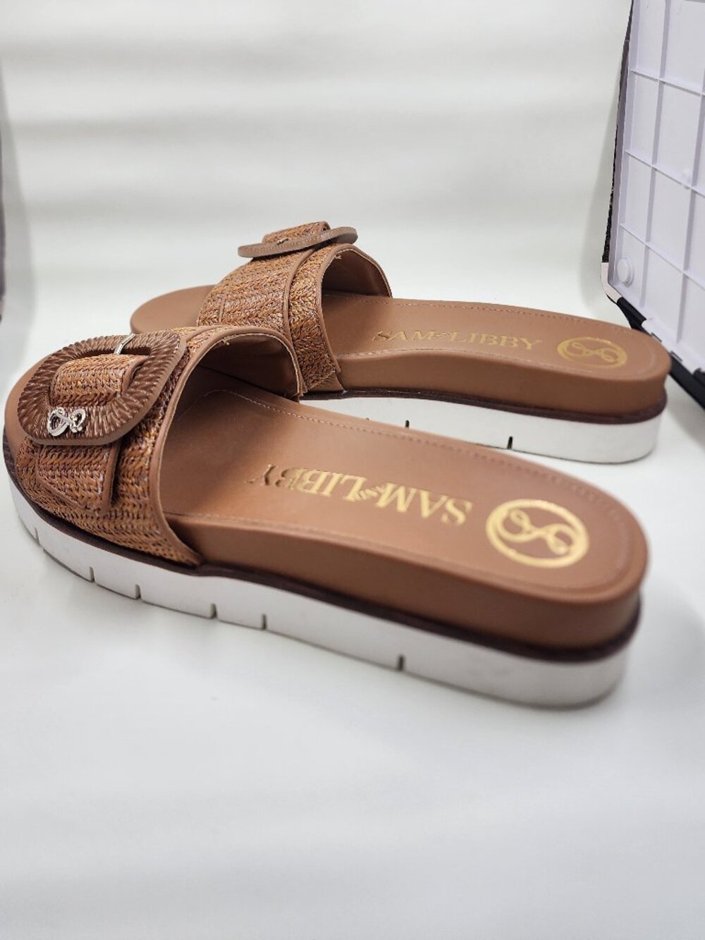 Sam & Libby Brown Basket Weave Platform Slides Women's Size 8